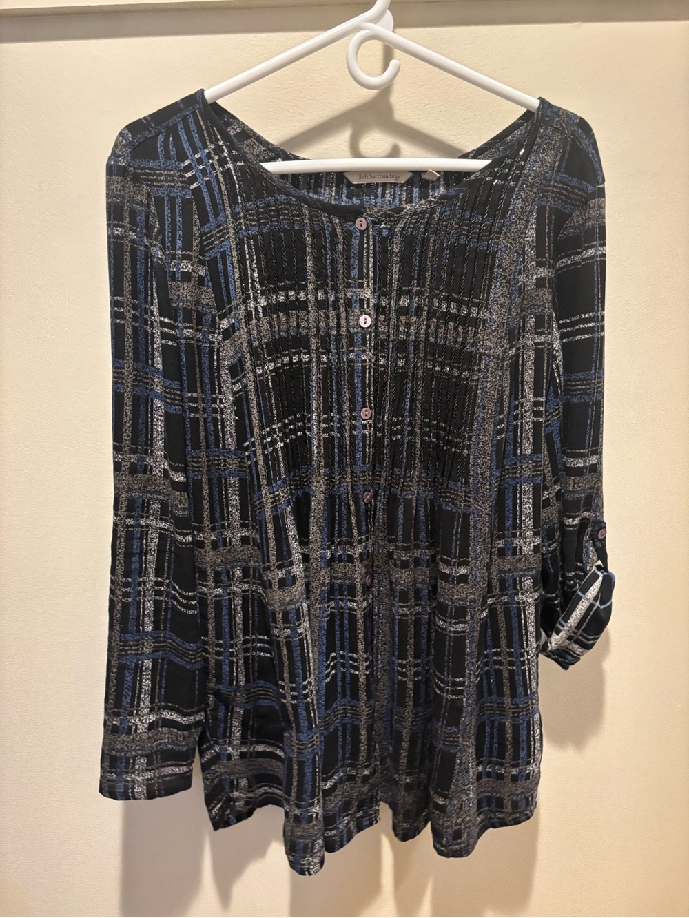 Soft Surroundings Black Plaid Button-Down Shirt with Metallic Accents